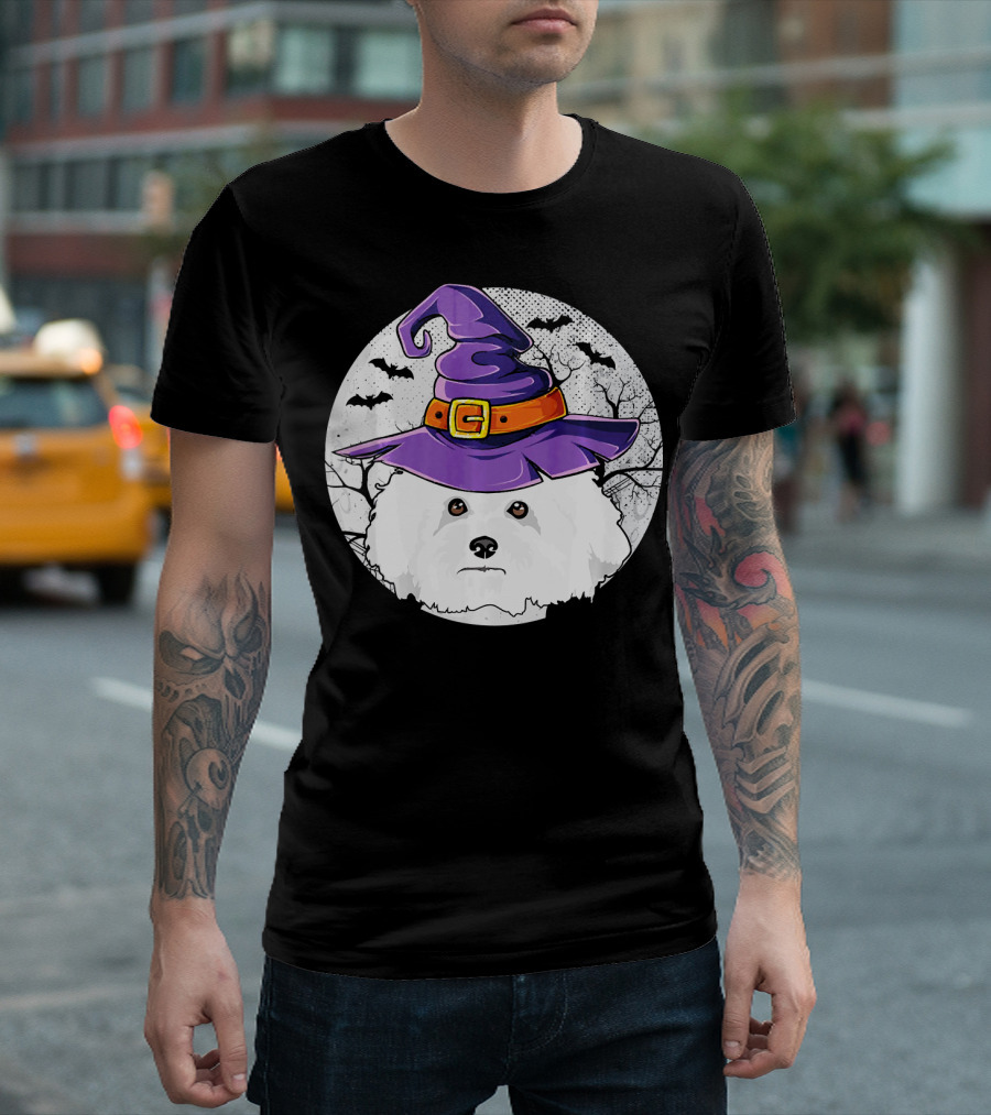 Halloween Witch Bichon Frise Dog Head With Purple Hat And Bats In Moonlit Night T-Shirt