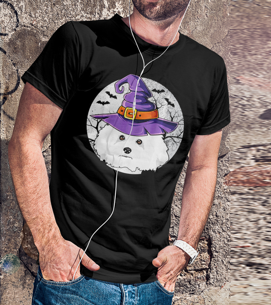 Halloween Witch Bichon Frise Dog Head With Purple Hat And Bats In Moonlit Night T-Shirt