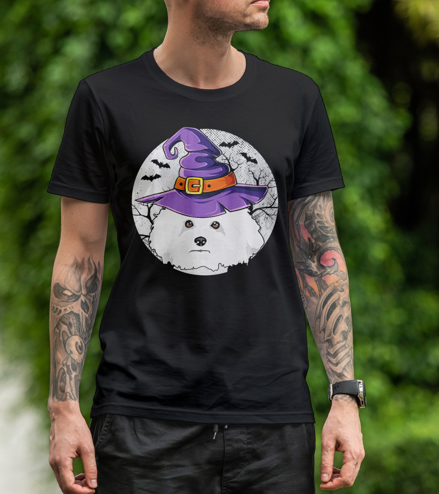 Halloween Witch Bichon Frise Dog Head With Purple Hat And Bats In Moonlit Night T-Shirt