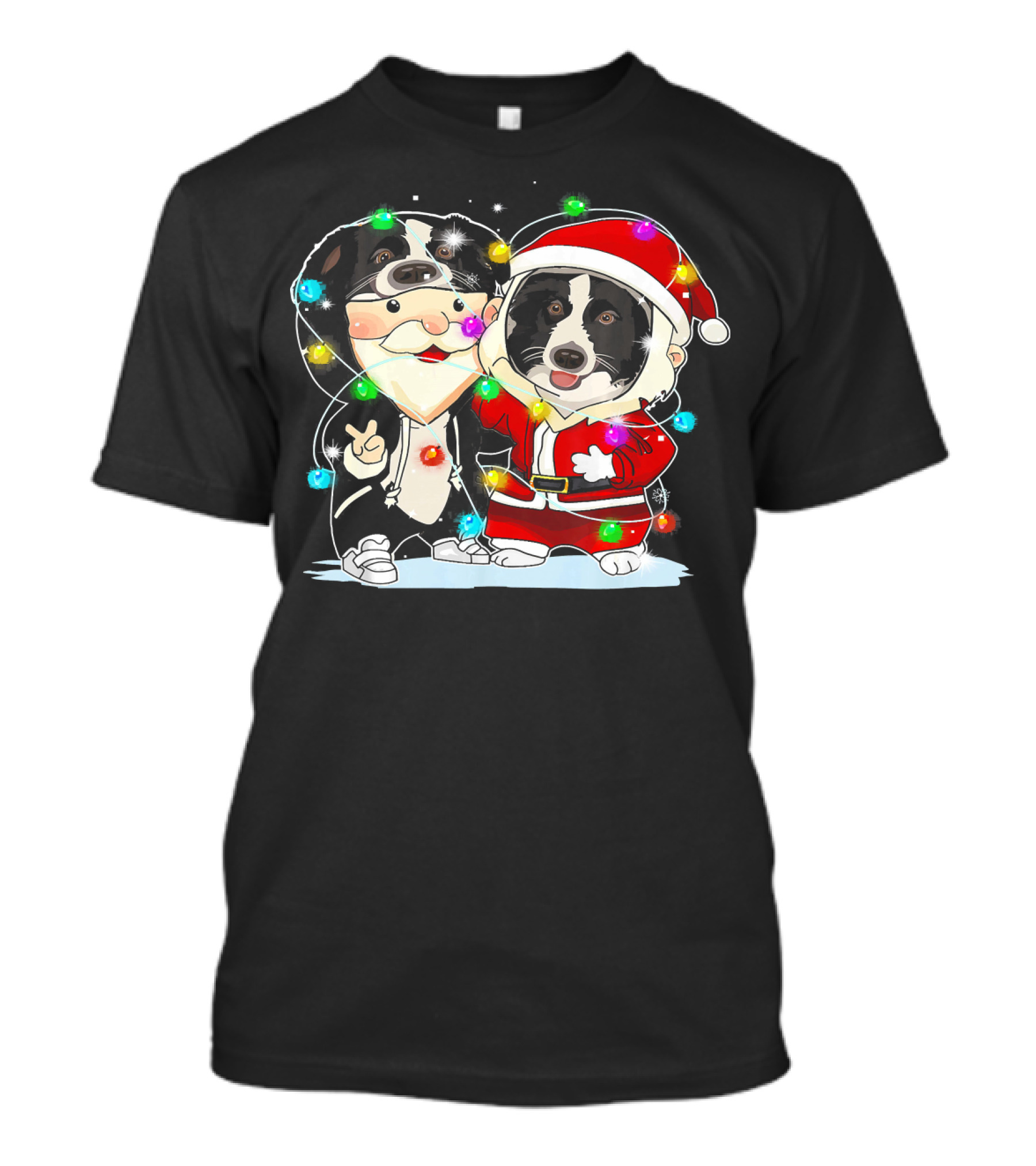 Funny Border Collie With Santa Suit And Festive Christmas Lights T-Shirt
