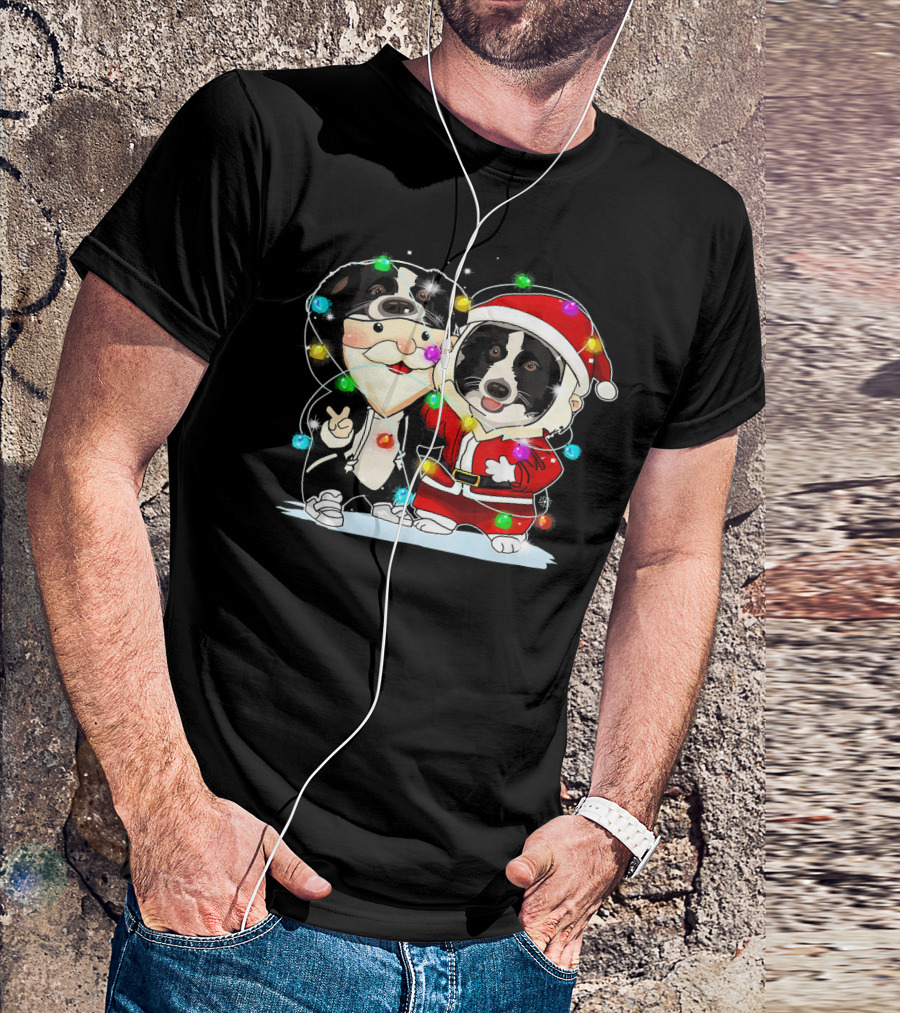 Funny Border Collie With Santa Suit And Festive Christmas Lights T-Shirt
