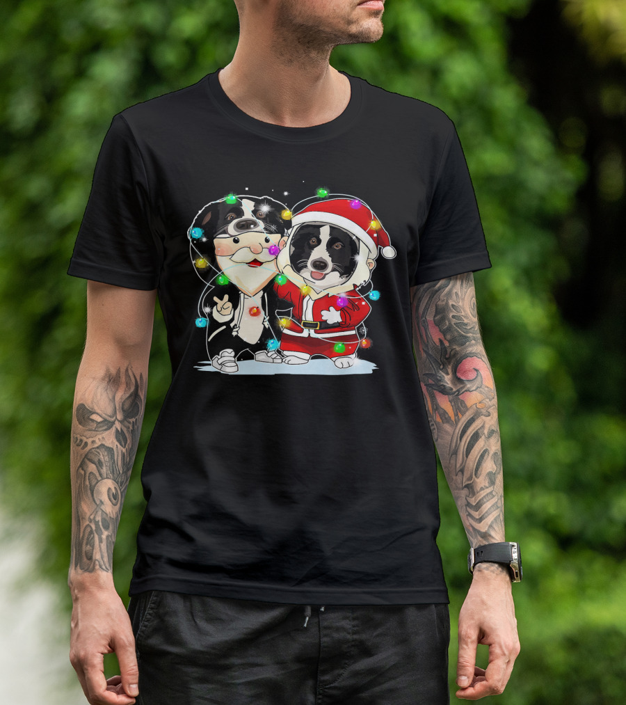Funny Border Collie With Santa Suit And Festive Christmas Lights T-Shirt