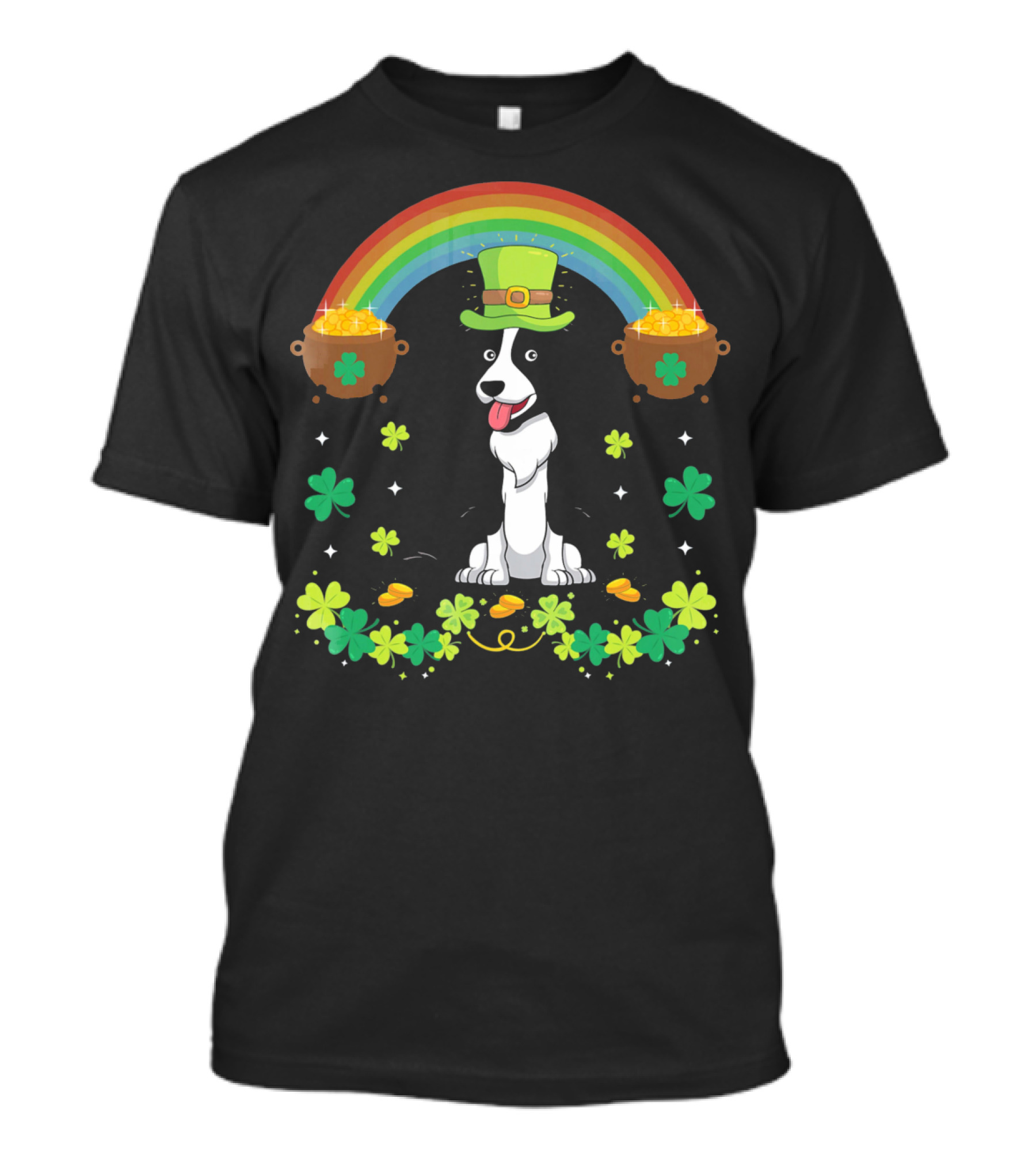 Lucky St Patrick's Day Funny Border Collie With Rainbow And Shamrocks T-Shirt