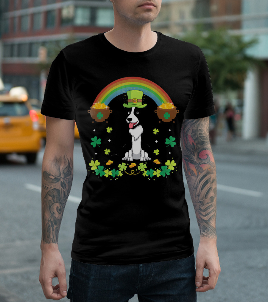 Lucky St Patrick's Day Funny Border Collie With Rainbow And Shamrocks T-Shirt