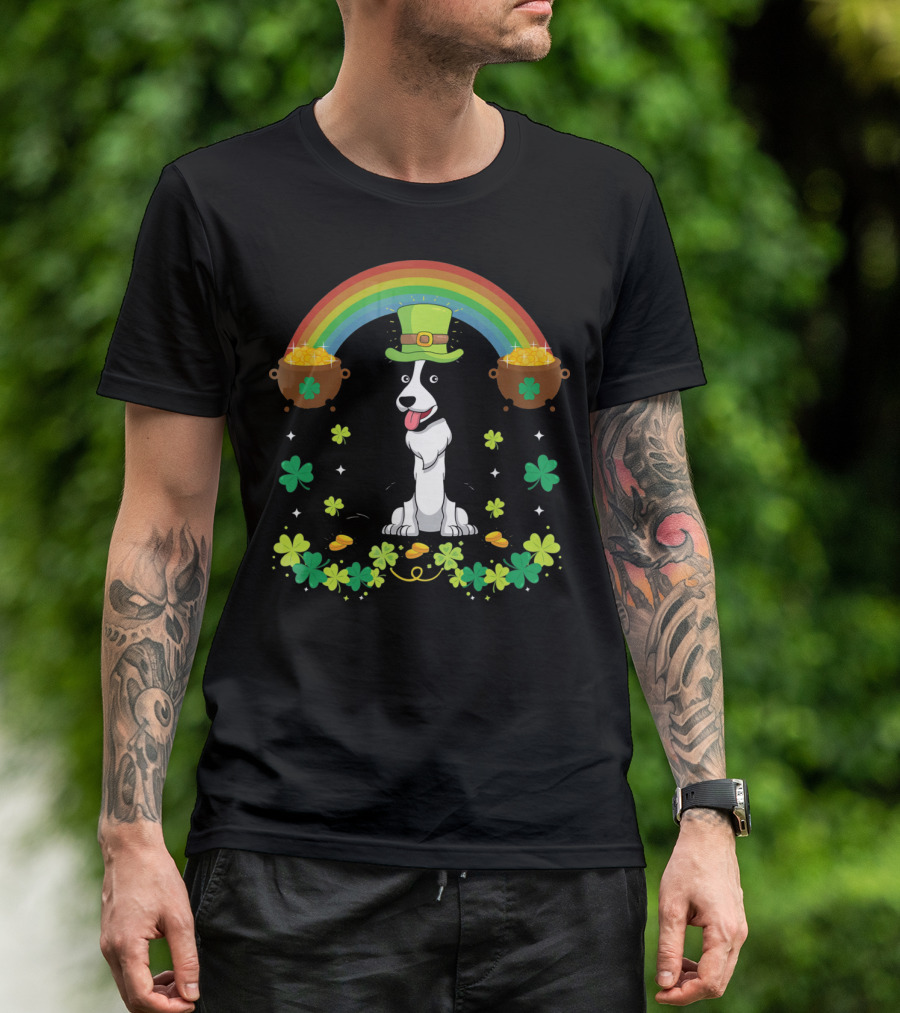 Lucky St Patrick's Day Funny Border Collie With Rainbow And Shamrocks T-Shirt