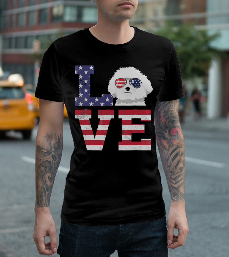 Love Bichon Frise American Flag Stars And Stripes Sunglasses T-Shirt