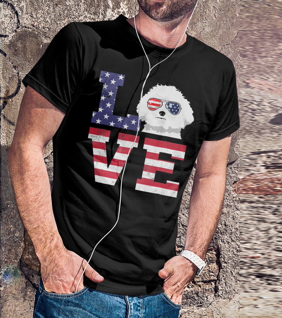Love Bichon Frise American Flag Stars And Stripes Sunglasses T-Shirt
