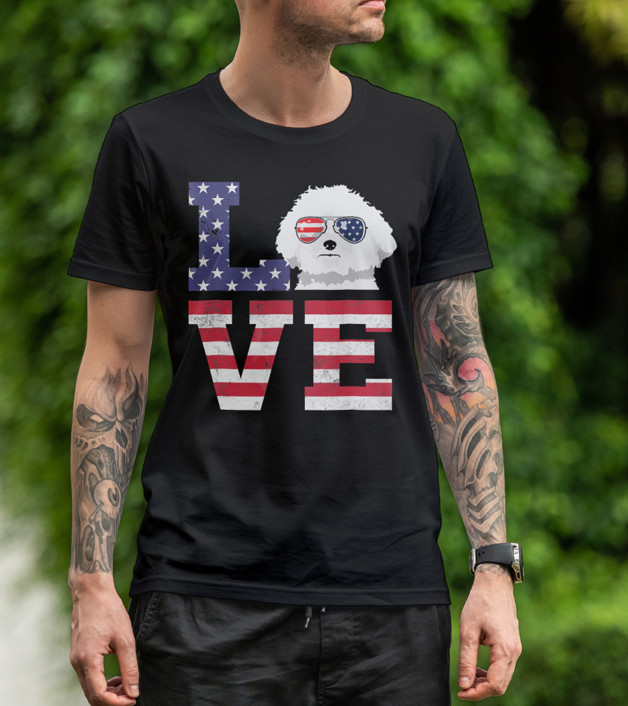Love Bichon Frise American Flag Stars And Stripes Sunglasses T-Shirt