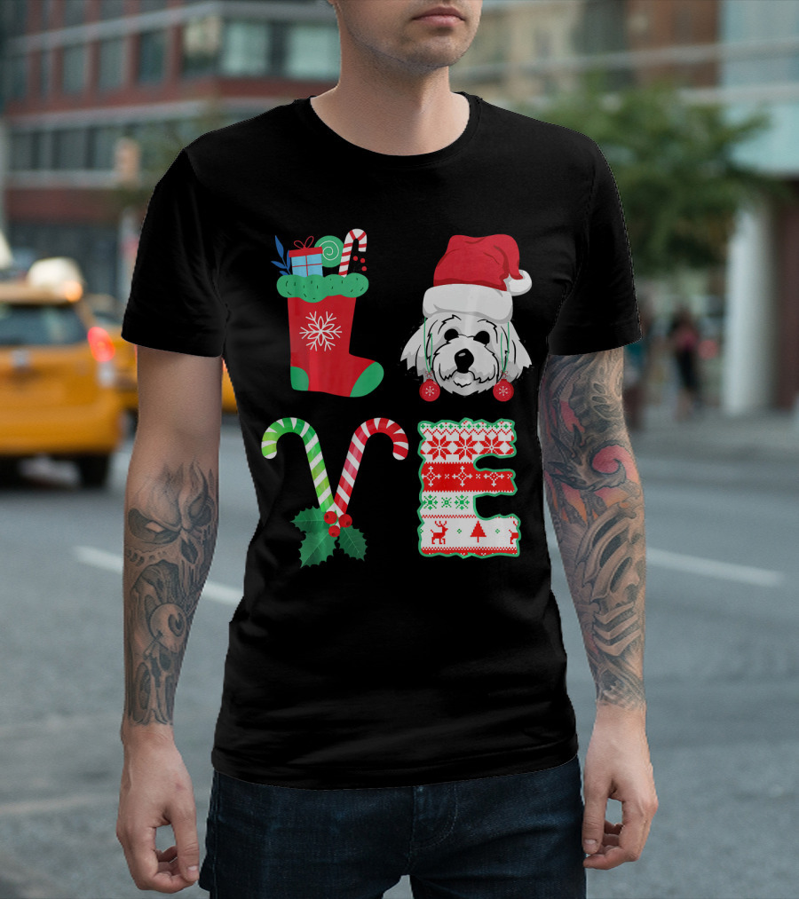 Love My Bichon Frise Christmas Dog Festive Stocking Santa Hat Candy Canes Holiday T-Shirt