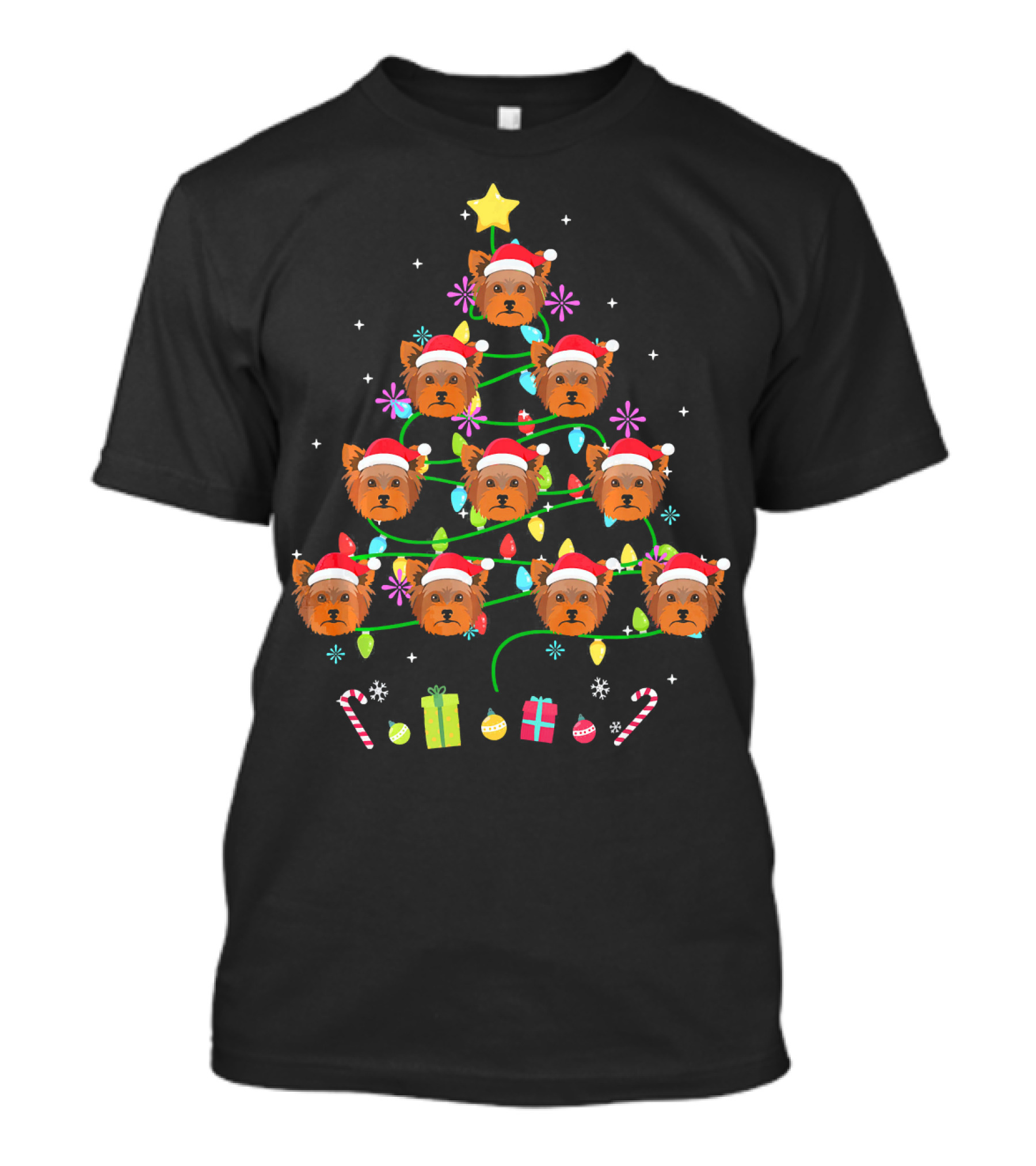 Funny Yorkshire Terrier Christmas Tree Santa Hats Lights Candy Canes Gifts T-Shirt