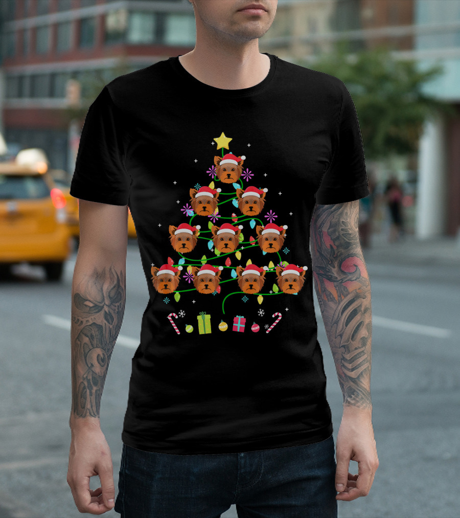 Funny Yorkshire Terrier Christmas Tree Santa Hats Lights Candy Canes Gifts T-Shirt
