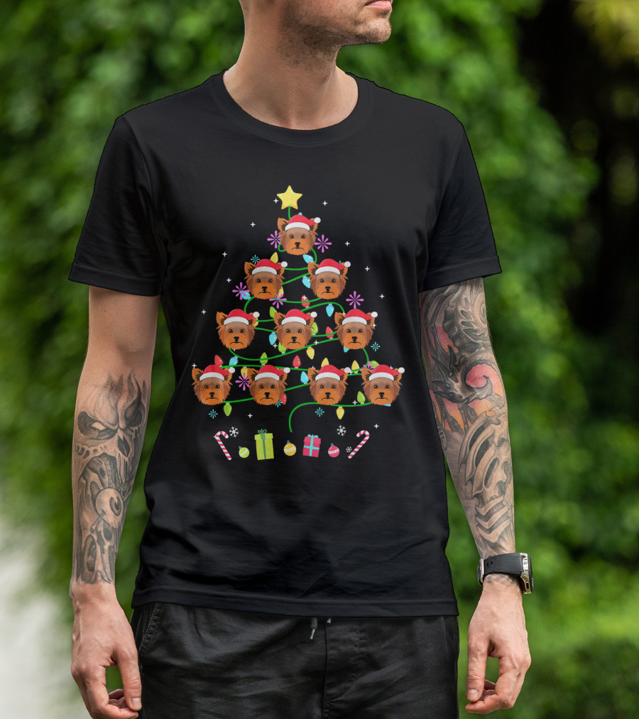 Funny Yorkshire Terrier Christmas Tree Santa Hats Lights Candy Canes Gifts T-Shirt