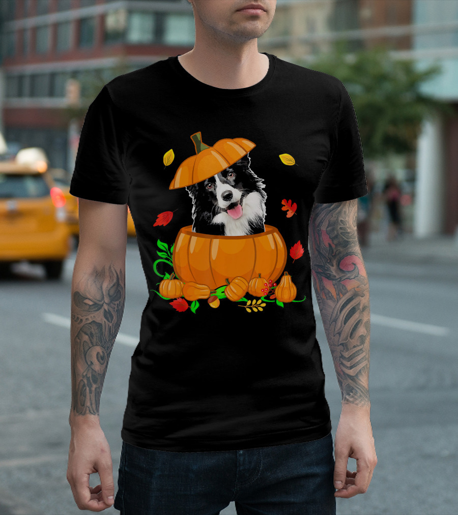 Pumpkin Border Collie Funny Border Collie Autumn Leaves T-Shirt
