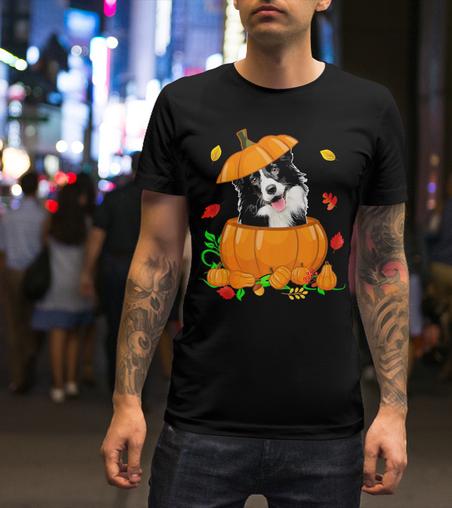 Pumpkin Border Collie Funny Border Collie Autumn Leaves T-Shirt