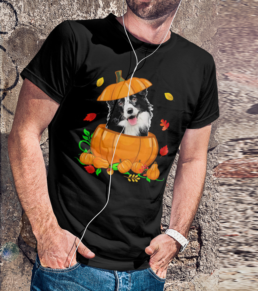 Pumpkin Border Collie Funny Border Collie Autumn Leaves T-Shirt
