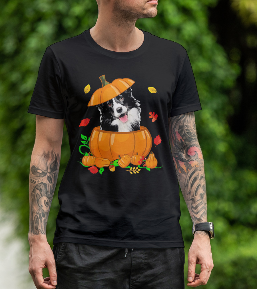 Pumpkin Border Collie Funny Border Collie Autumn Leaves T-Shirt