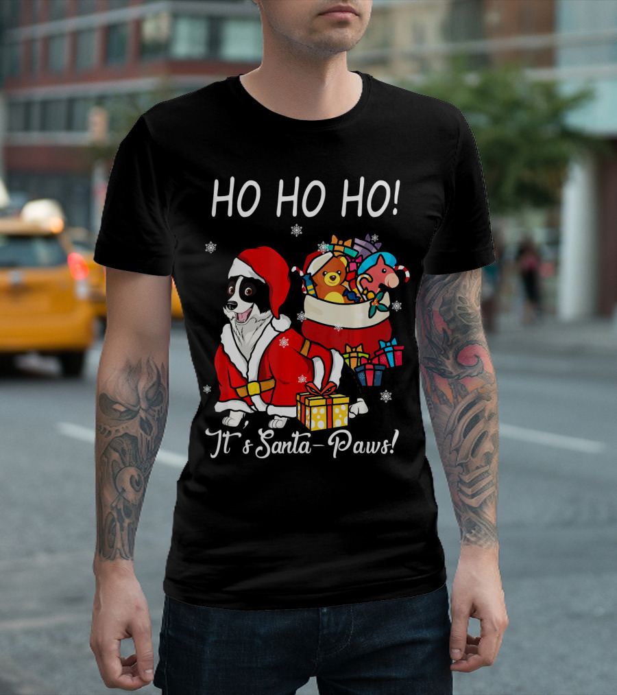 HO HO HO Funny Dog Border Collie Christmas It's Santa-Paws T-Shirt