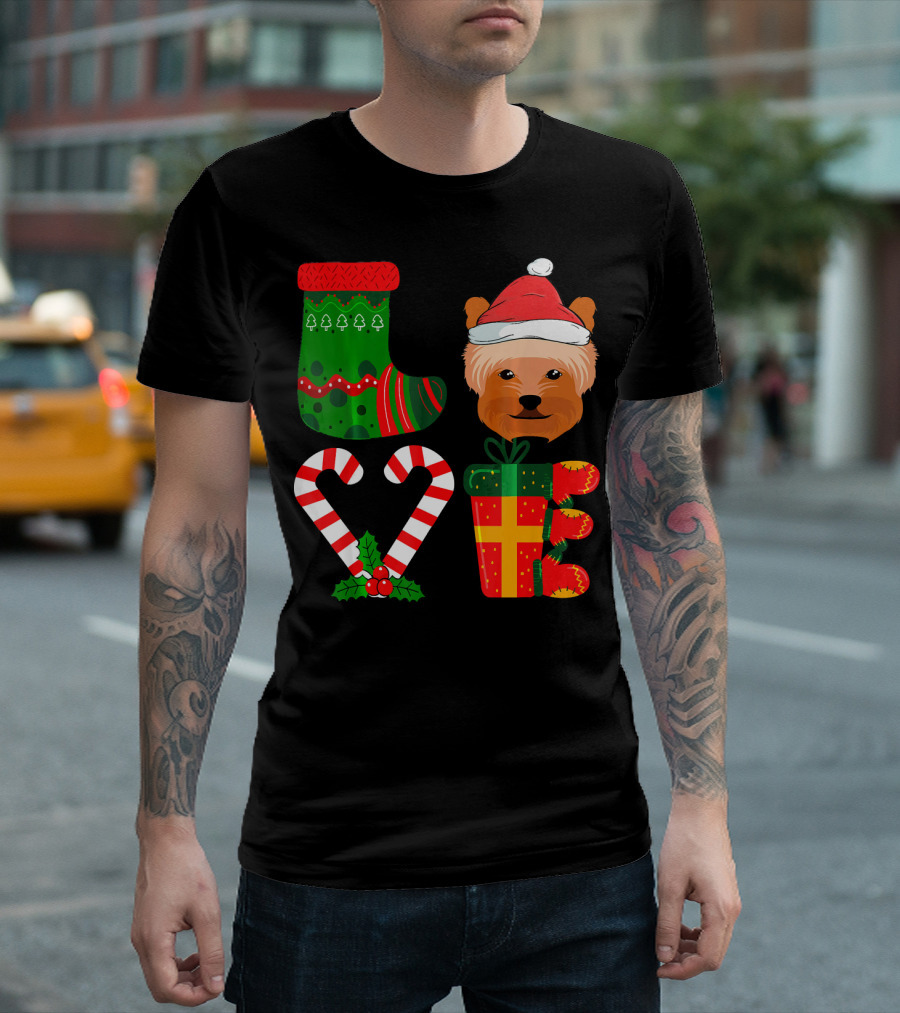 Lover Yorkshire Terrier Christmas Candy Cane Stocking Santa Hat Present T-Shirt
