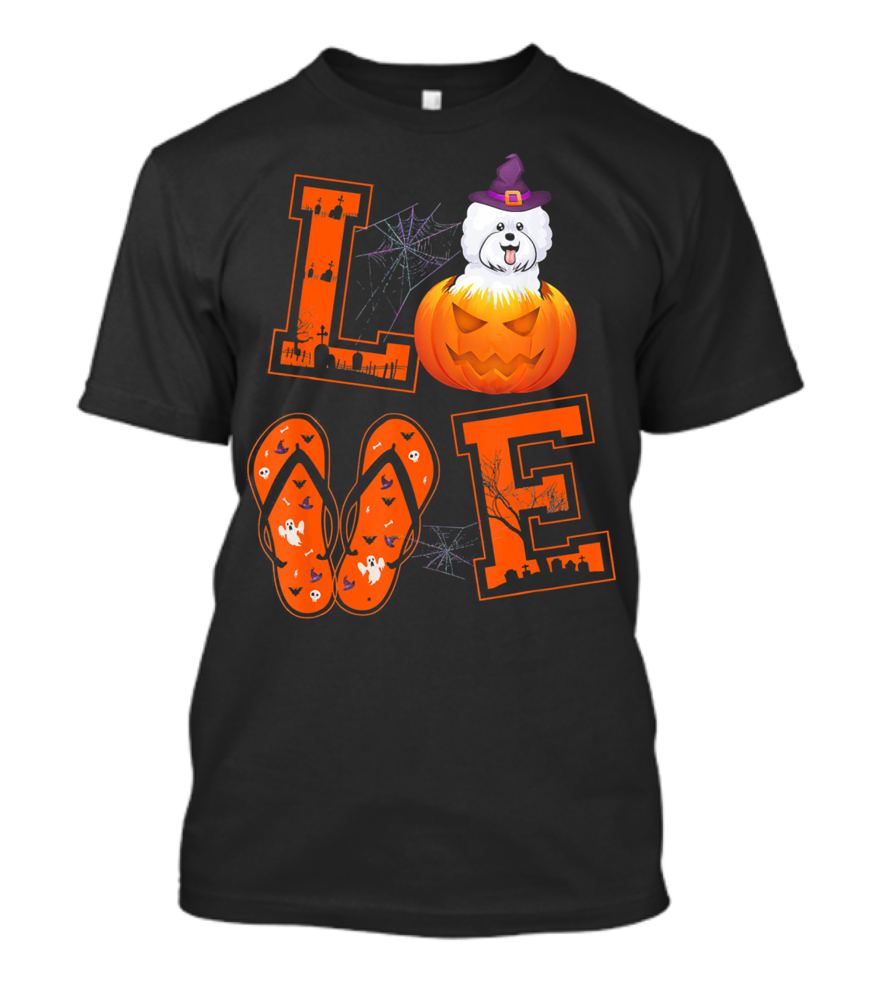 LOVE Bichon Frise Pumpkin Halloween Ghosts Bats And Spider Webs T-Shirt