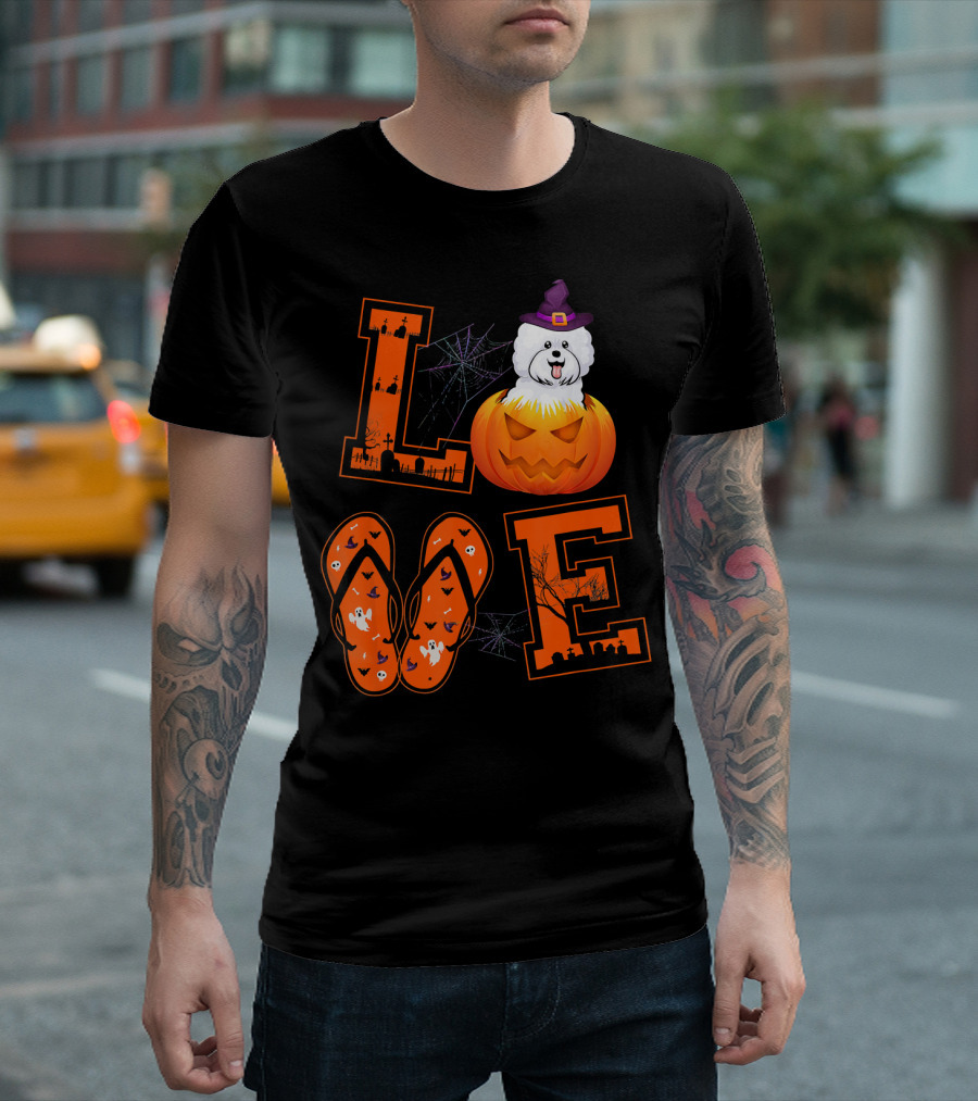 LOVE Bichon Frise Pumpkin Halloween Ghosts Bats And Spider Webs T-Shirt