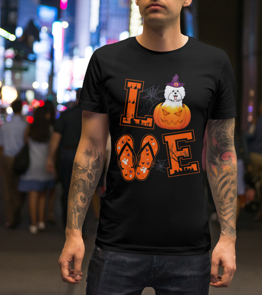 LOVE Bichon Frise Pumpkin Halloween Ghosts Bats And Spider Webs T-Shirt