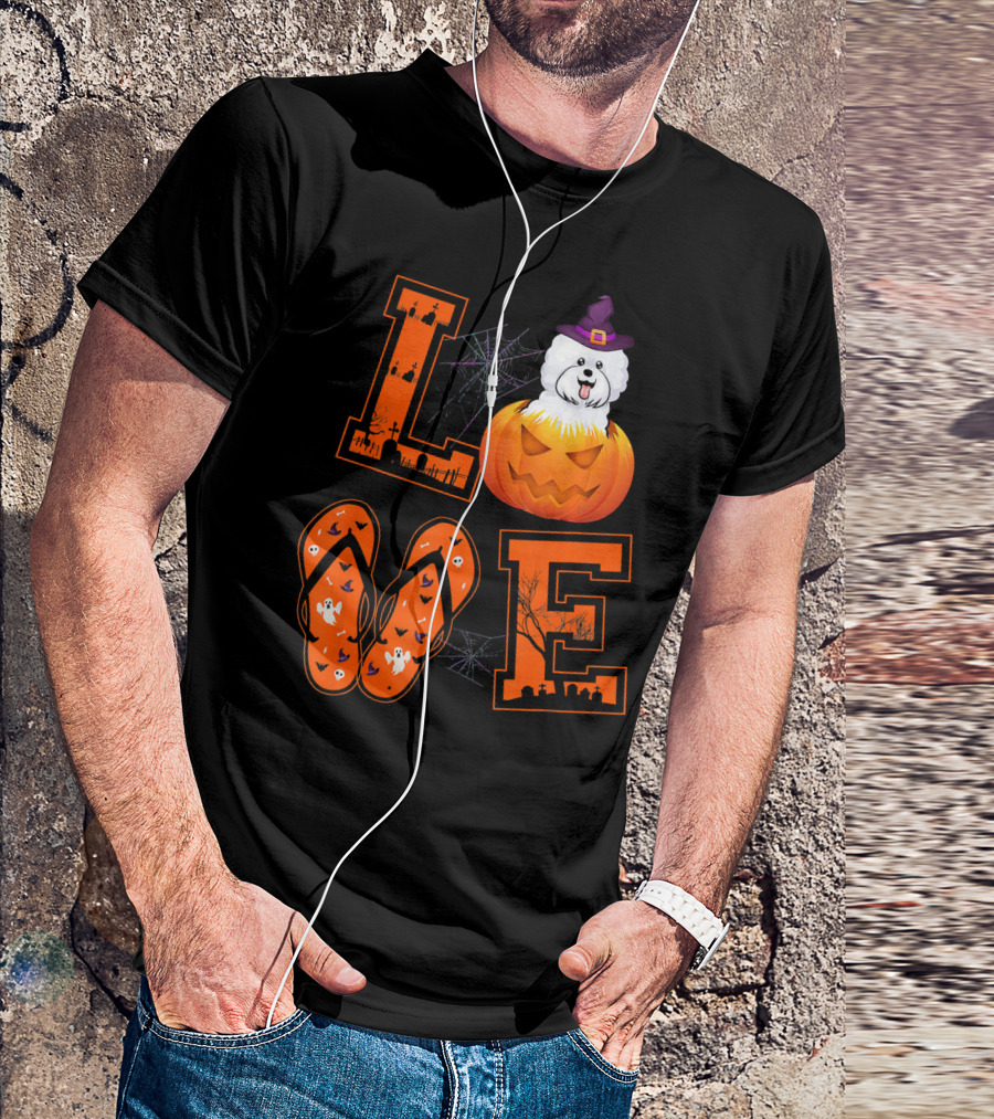 LOVE Bichon Frise Pumpkin Halloween Ghosts Bats And Spider Webs T-Shirt