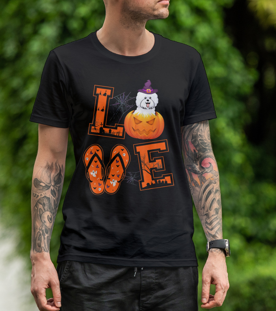 LOVE Bichon Frise Pumpkin Halloween Ghosts Bats And Spider Webs T-Shirt