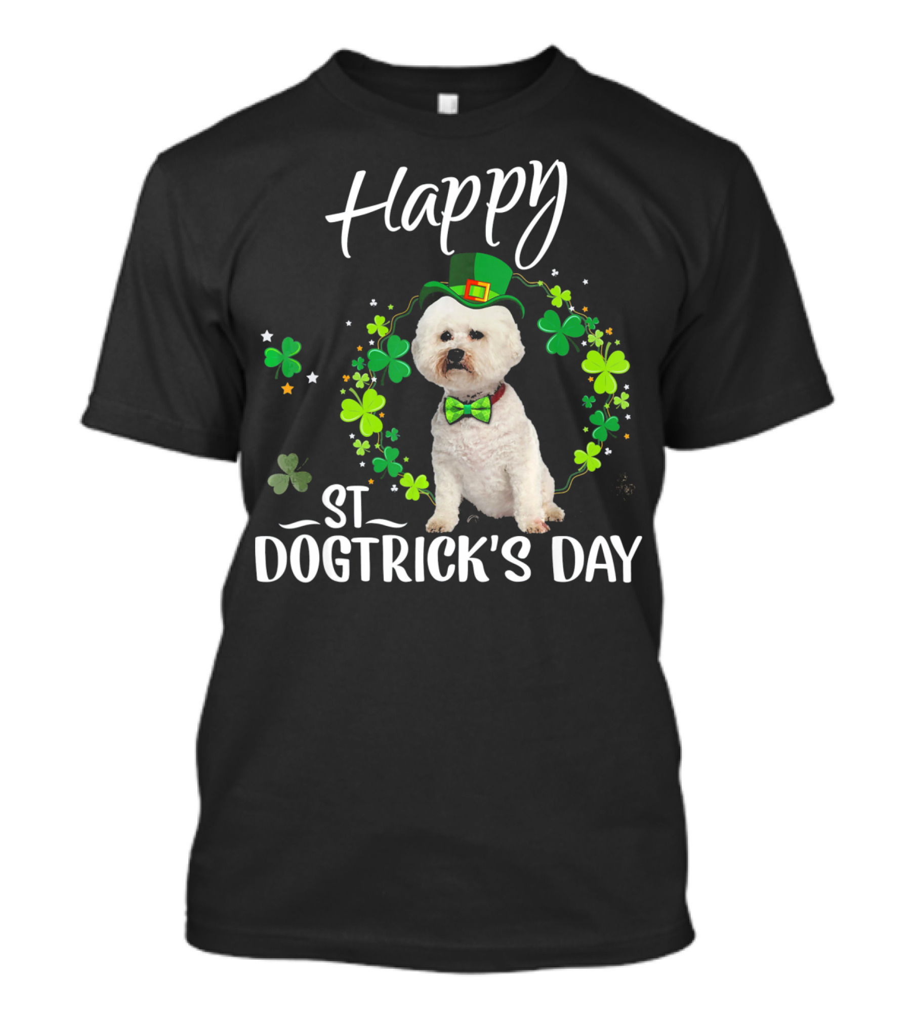 Happy St Dogtrick's Day Bichon Frise Clover Hat Bowtie T-Shirt