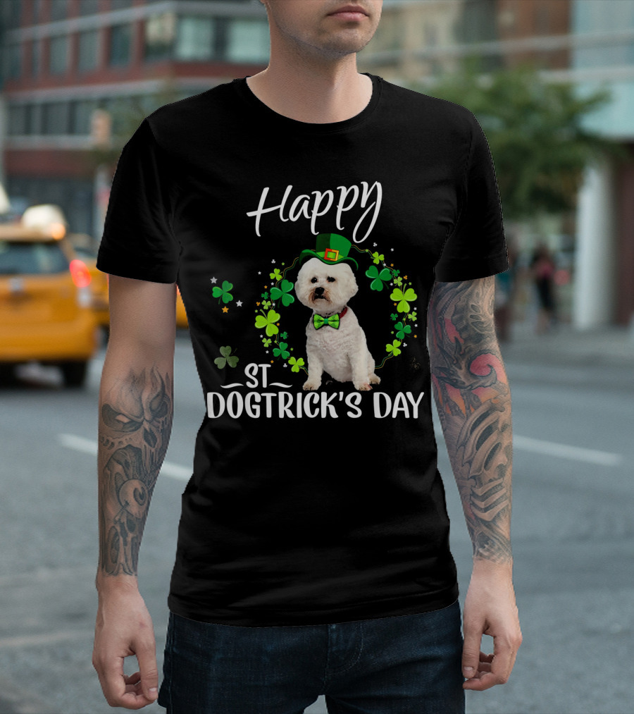 Happy St Dogtrick's Day Bichon Frise Clover Hat Bowtie T-Shirt