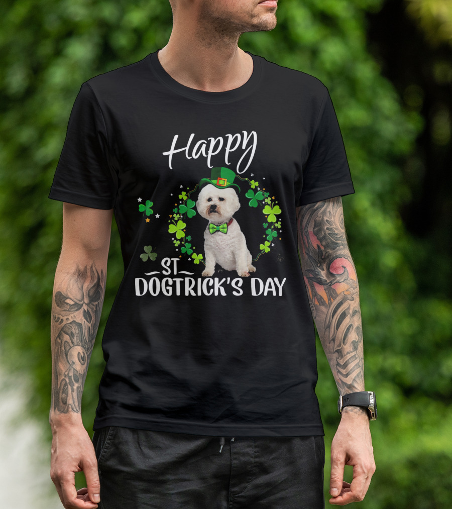Happy St Dogtrick's Day Bichon Frise Clover Hat Bowtie T-Shirt