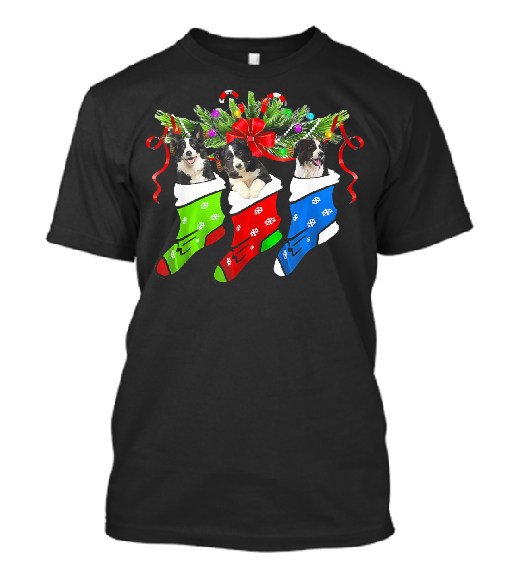 Christmas Border Collies In Festive Holiday Stockings T-Shirt