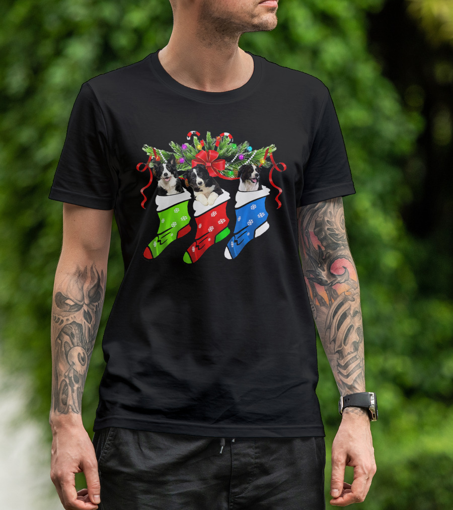 Christmas Border Collies In Festive Holiday Stockings T-Shirt