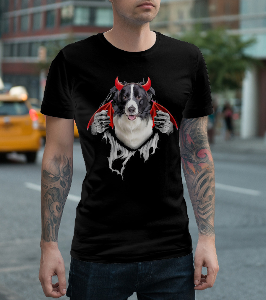 Funny Border Collie Dog with Dracula Devil Costume Wings T-Shirt