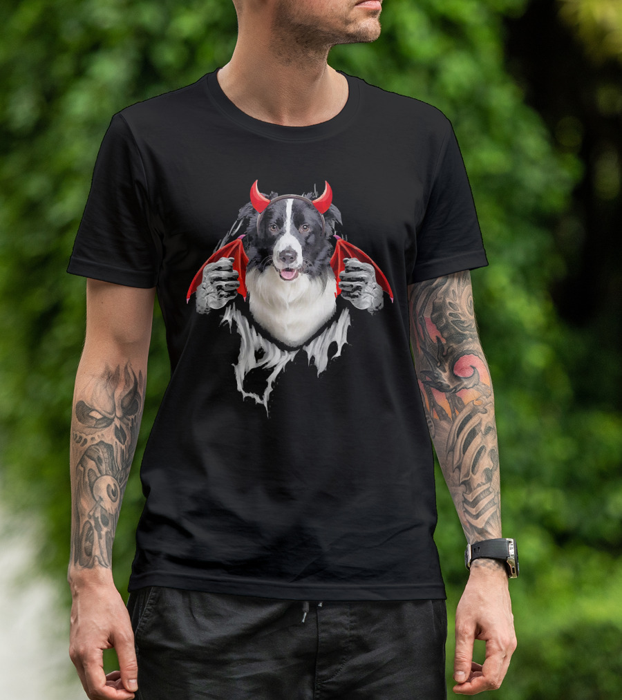 Funny Border Collie Dog With Dracula Devil Costume Wings T-Shirt