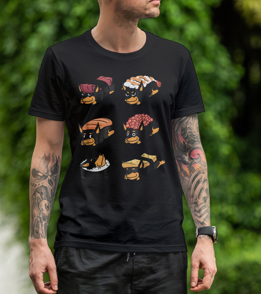 Miniature Pinscher Dog Sushi Fusion Nigiri Rolls T-Shirt