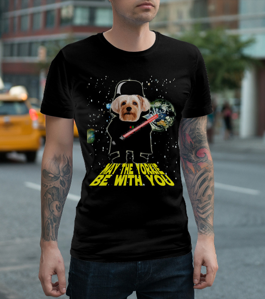 May The Yorkie Be With You Funny Yorkie Dog in Space Costume with Lightsaber T-Shirt