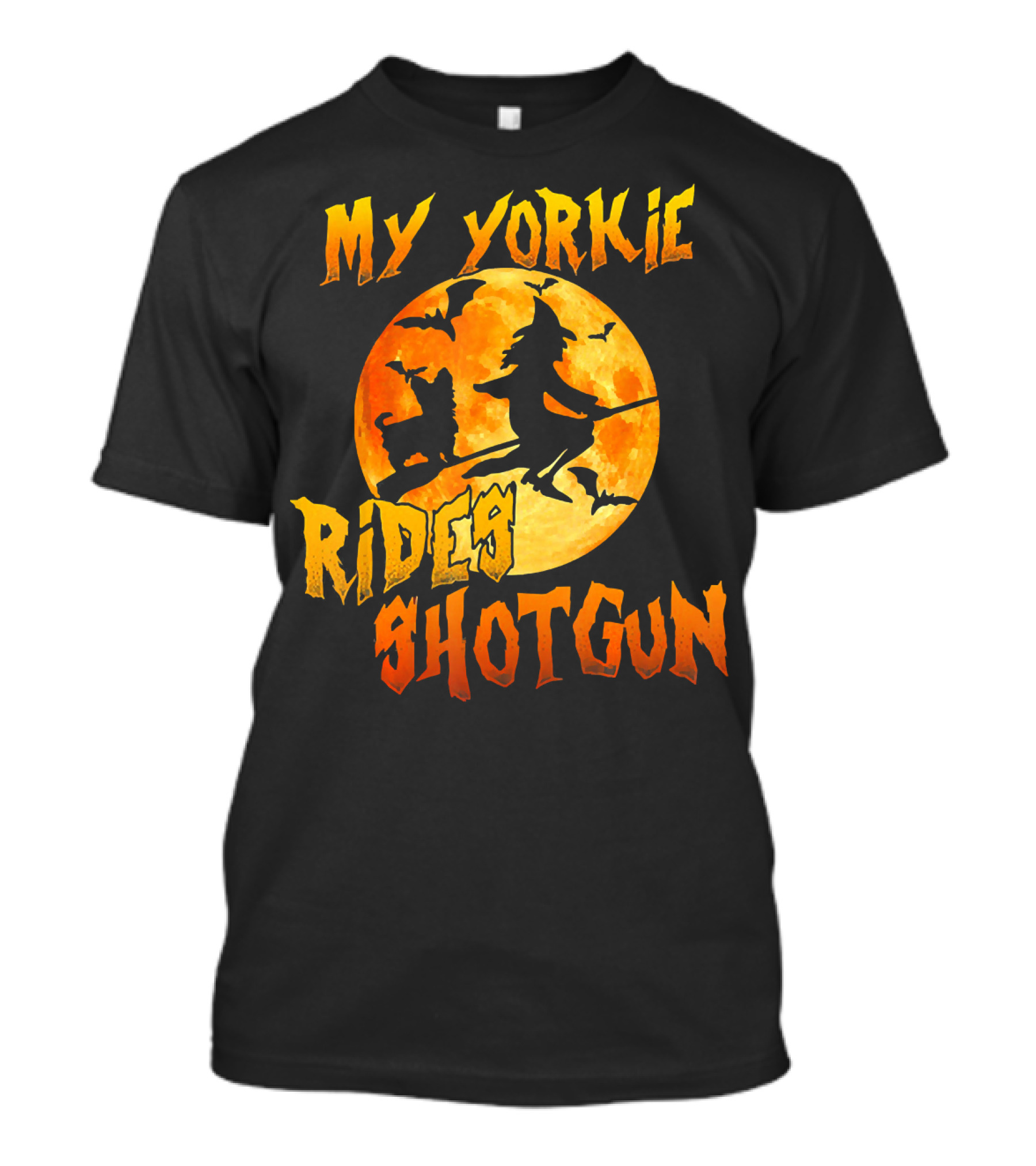 My Yorkie Rides Shotgun Halloween Witch Moon Bats T-Shirt