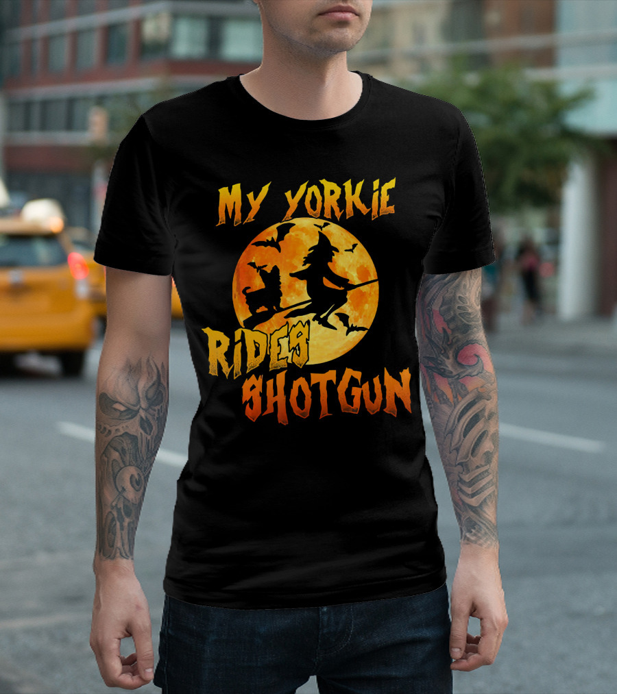 My Yorkie Rides Shotgun Halloween Witch Moon Bats T-Shirt