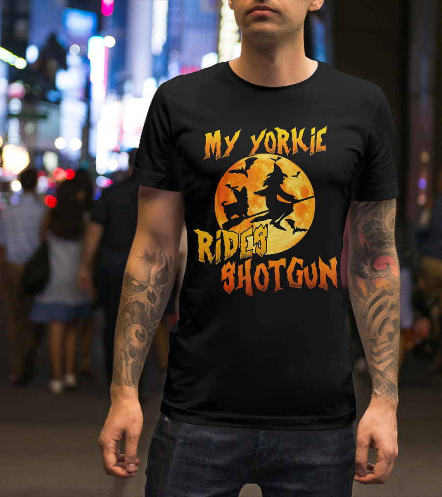 My Yorkie Rides Shotgun Halloween Witch Moon Bats T-Shirt