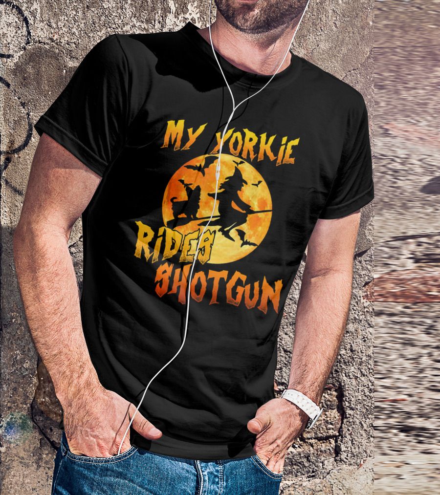 My Yorkie Rides Shotgun Halloween Witch Moon Bats T-Shirt