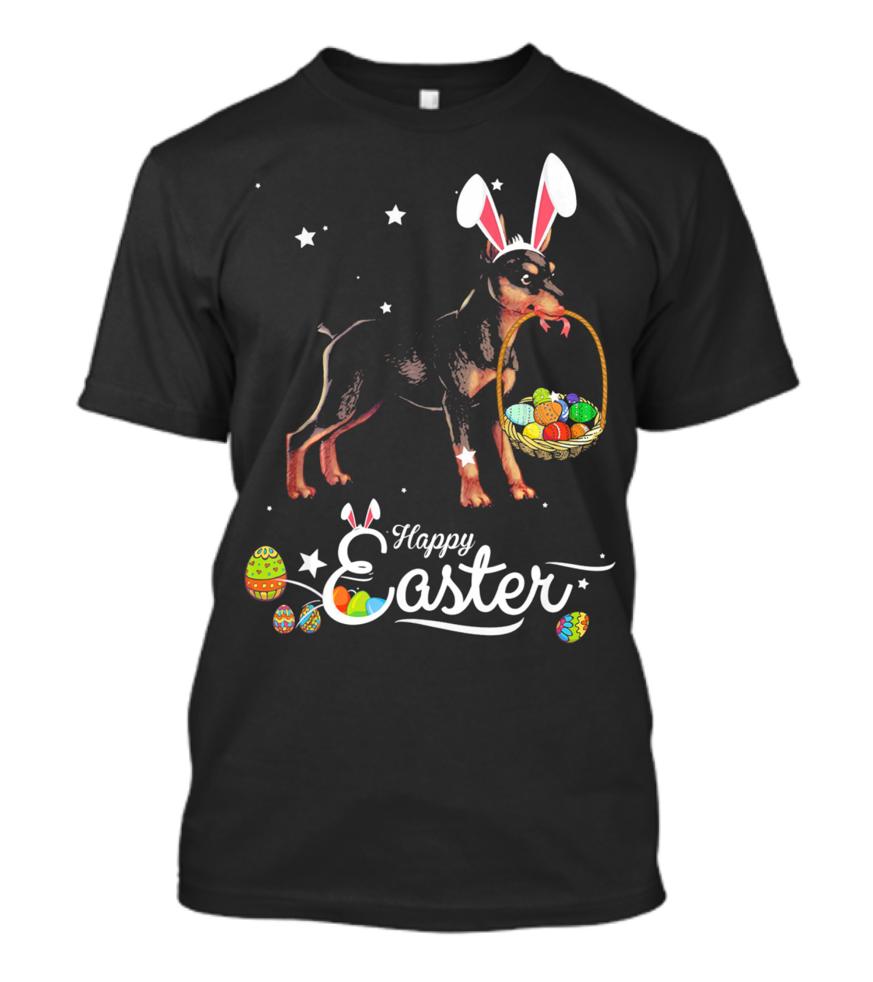 Happy Easter Miniature Pinscher With Bunny Ears And Basket Of Eggs T-Shirt