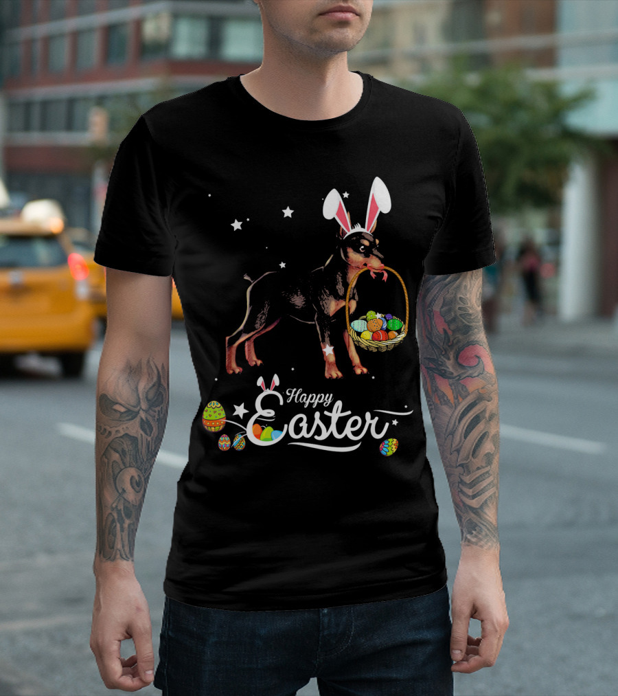 Happy Easter Miniature Pinscher With Bunny Ears and Basket of Eggs T-Shirt