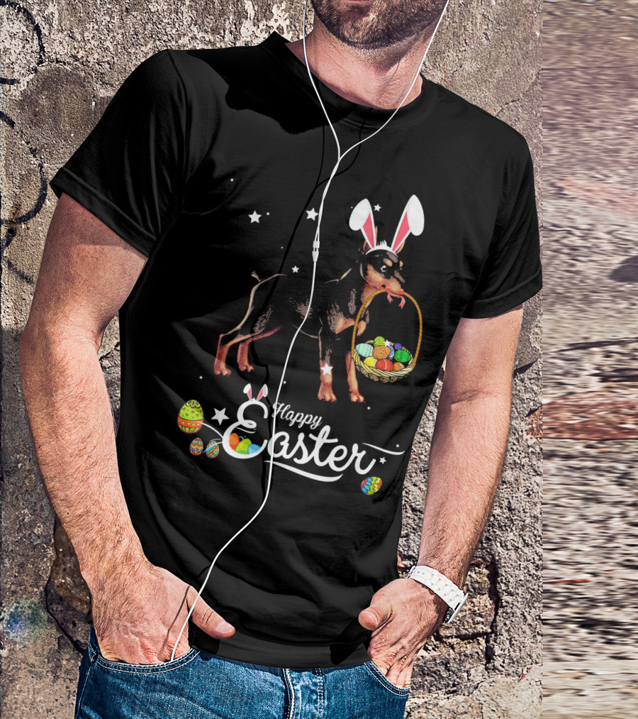 Happy Easter Miniature Pinscher With Bunny Ears And Basket Of Eggs T-Shirt