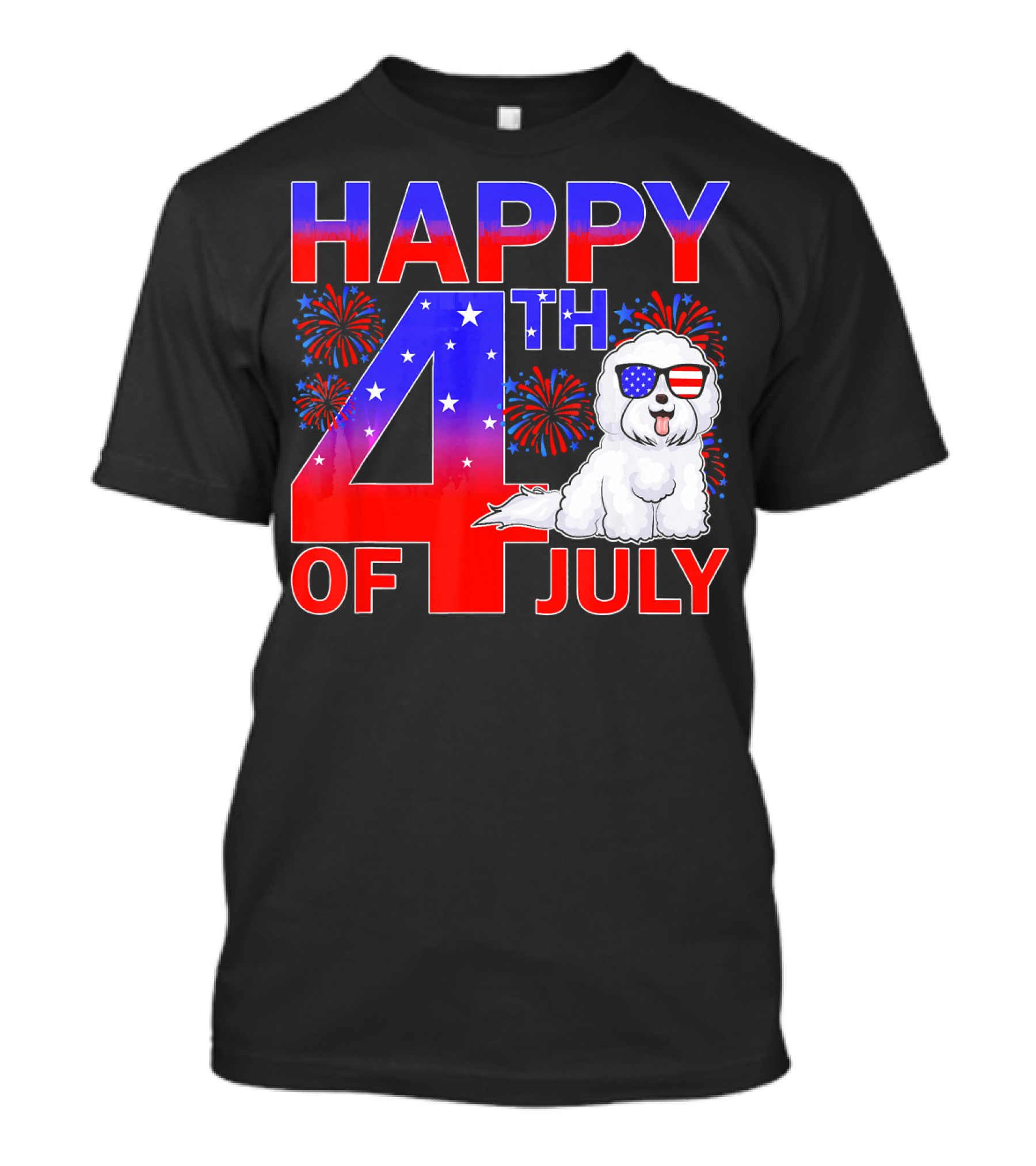 Happy 4th Of July Bichon Frise Dog With Fireworks And Patriotic Sunglasses T-Shirt