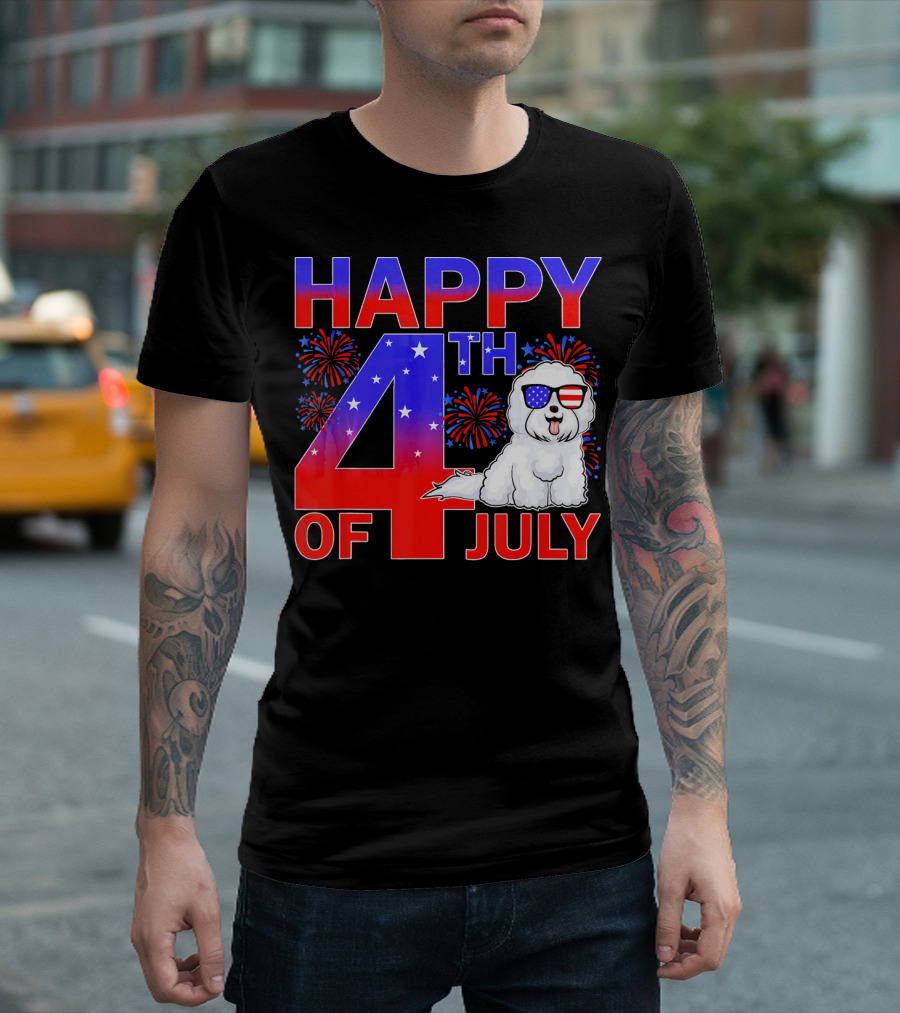 Happy 4th Of July Bichon Frise Dog With Fireworks And Patriotic Sunglasses T-Shirt