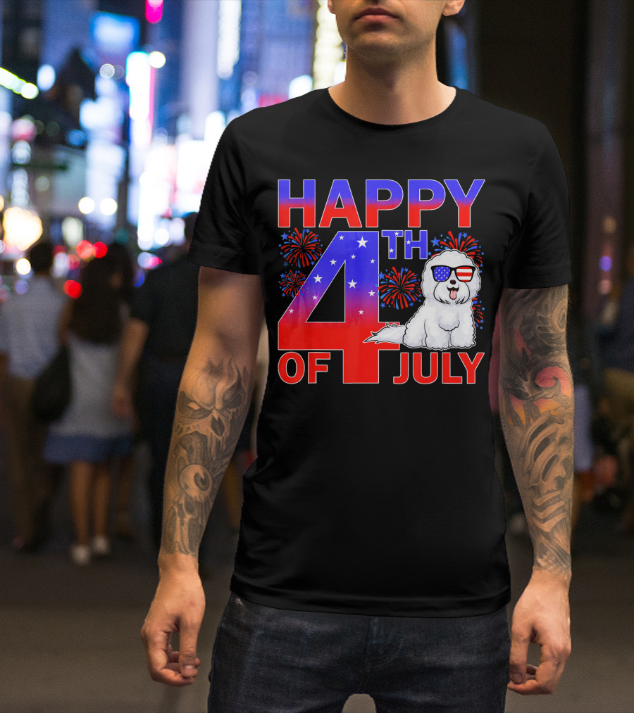 Happy 4th Of July Bichon Frise Dog With Fireworks And Patriotic Sunglasses T-Shirt