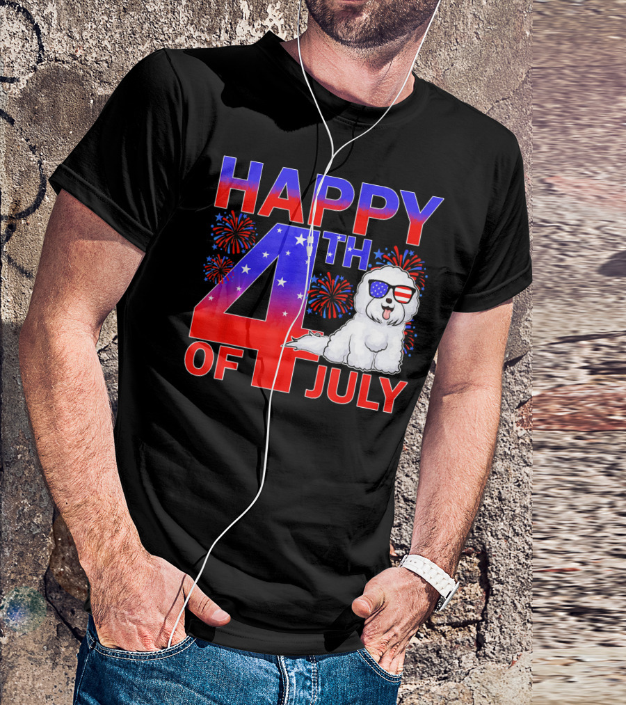 Happy 4th Of July Bichon Frise Dog With Fireworks And Patriotic Sunglasses T-Shirt
