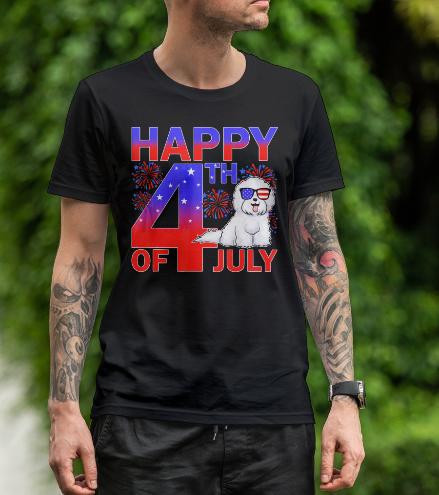 Happy 4th Of July Bichon Frise Dog With Fireworks And Patriotic Sunglasses T-Shirt