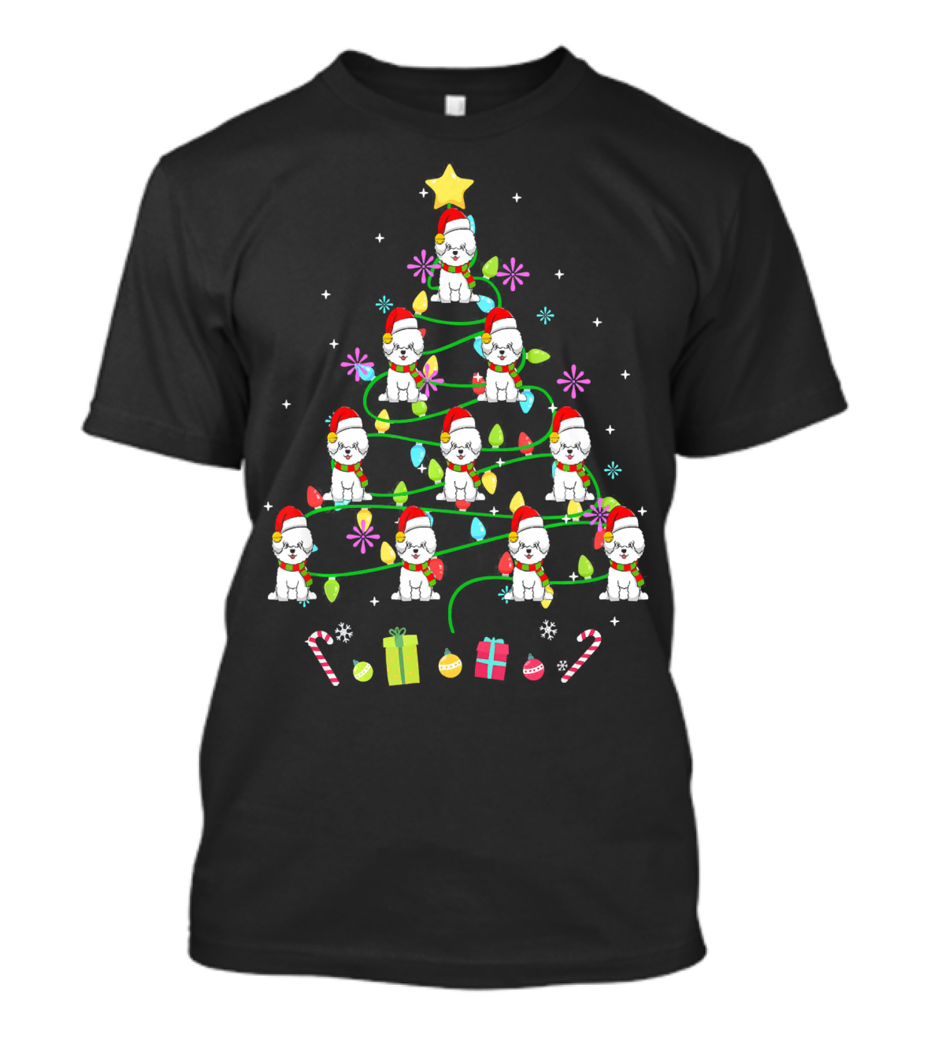 Bichon Frise Christmas Tree Santa Hats Lights Candies Presents Stars T-Shirt