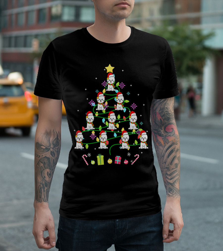 Bichon Frise Christmas Tree Santa Hats Lights Candies Presents Stars T-Shirt